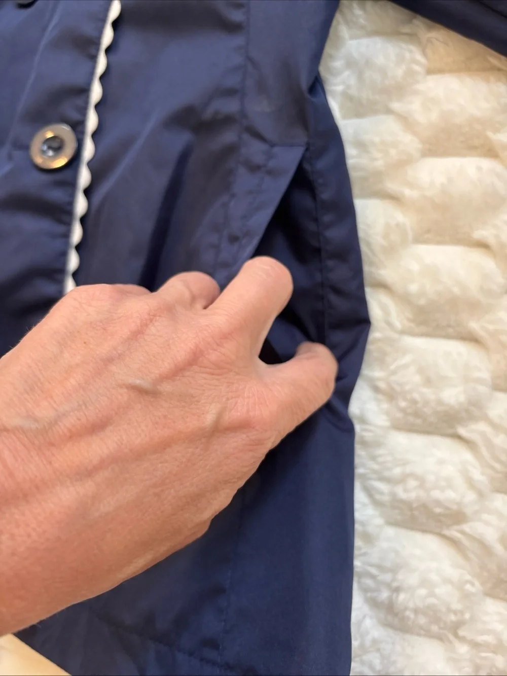 Rothschild Navy Blue Raincoat Jacket Double Breasted Button Scalloped Trim